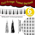 6P Black Silver Foil Fringe Metallic Tassel Streamers Banner Tassel Garland for Parade Floats, Graduation, Wedding, Birthday, Graduation, Christmas, Bridal/Baby Shower Party Decorations