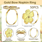 Bokon 50 Pcs Gold Napkin Rings Metal Napkin Holders Rings Bulk for Dining Anniversary Wedding Dinner Birthday Holiday Party Banquet Table Decoration (Flower)