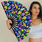 UV Glow Rave Fan, Bamboo Folding Clack Hand Fans Foldable for Men Women, Boots on the Ground Poping Fan for EDM Festival Line Dance Decoration, (Magic Mushrooms, Large 13")