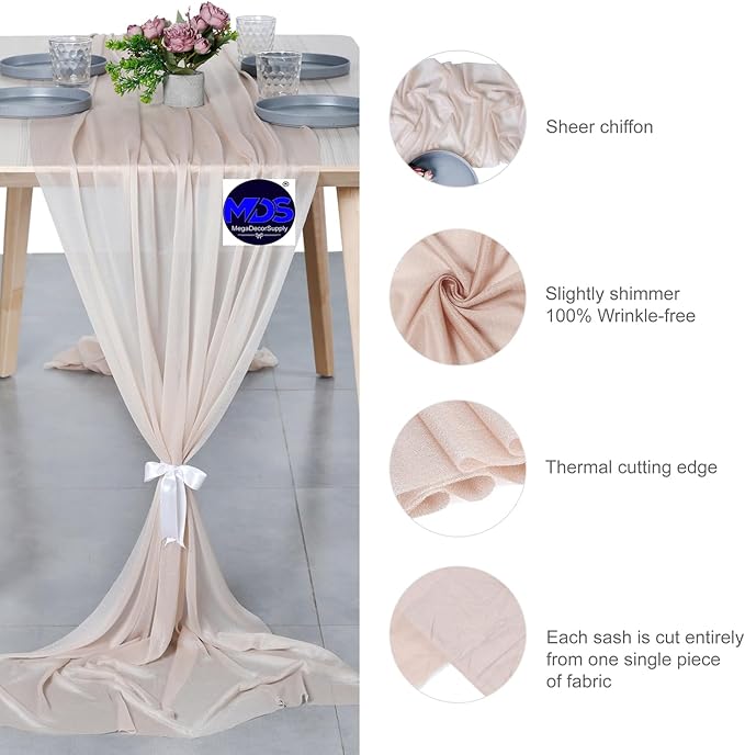 MDS Halloween Chiffon Table Runner - 12 Pack, 29 x 170 Inches, 14ft Each - Sheer Spooky Table Runners for Haunted House Parties, Trick-or-Treat Tables, Witchy Décor, Wedding & Events - Nude