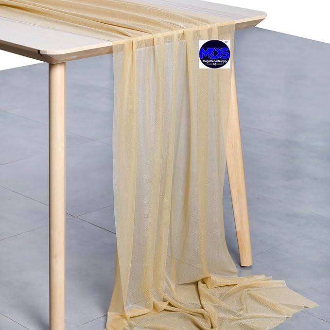 MDS 25 Pack 10ft Chiffon Table Runner 29 x 120 Inches Sheer Wedding Runner Romantic Rustic Table Runner for Wedding Decorations, Birthday Parties, Bridal Shower Party Arch Decor - Champagne Gold