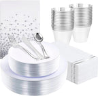 Festiva 176Pcs Silver Plastic Christmas Plates - Party Plates and Cups and Napkins Sets: 25Dinner Plates 25Dessert Plates 25Cups 25 Cutlery 25 Napkins 1Tablecloth for New Year Party&Wedding&Christmas