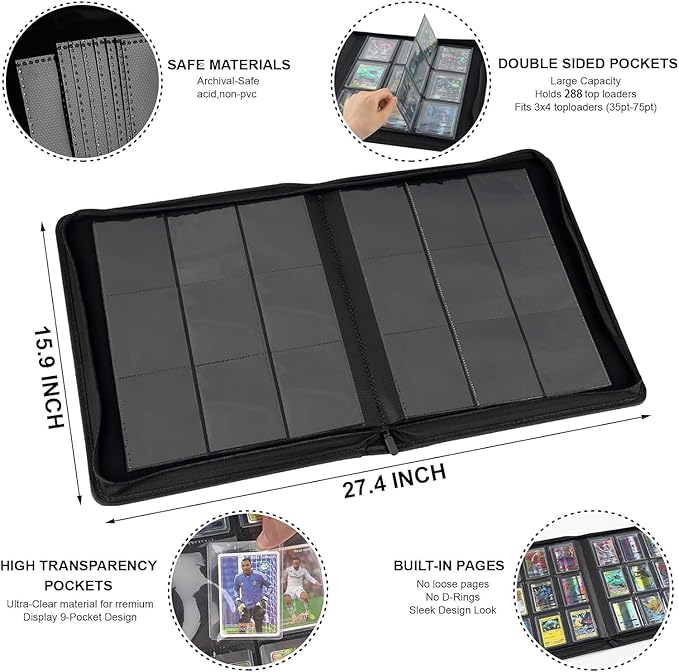 Toploader Binder with 9-Pocket Pages, Holds 288 "3×4" Rigid Toploader Hard Cases, Card Holder for Collectible Cards or Sports Cards, Durable Sleeves for Storage & Display (Purple)