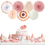 Pink Champagne-Beige Rose-Gold Boho Party-Decorations - 14Pcs Women Girls Birthday Streamers Lanterns Honeycomb Fan,Tissue Pom Poms,Fall Baby Bridal Shower Wedding Backdrop Classroom Decor Ouruola