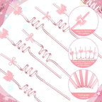 Yungyan 24 Sets Pink Bow Party Favors Goodie Cups with Lids and Straws for Birthday Coquette Party Decorations Reusable 16oz Plastic Candy Cups Plastic Straws for Christmas Decor(Pink Bow)