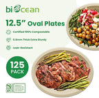 12.5 Inch Compostable Oval Plates [125-Value Pack] - Sustainable and Heavy-Duty Compostable Paper Plates, Natural Sugarcane Bagasse Biodegradable Plate, Natural Brown