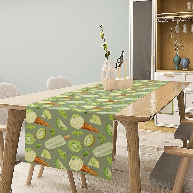 Summer Ice Cream Popsicles Table Runner, Watercolor Green Kiwi Seasonal Fruit Sweet Dessert Dinner Runner for Party Holiday Home Kitchen Dining Table Decor 13"x108"
