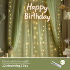 Sage Green Tulle Backdrop Curtain with Lights String - 10x8ft Sheer Backdrop with 250 LEDs for Wedding, Baby Shower, Bridal Shower, Birthday Party Photo Shoot Background and Home Decorations