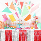 3 Pack Red and Silver Foil Fringe Table Skirts Metallic Tinsel Streamers Garland Banner Backdrop for Table Decor, Parade Float, Birthday, Wedding, Halloween, Christmas Party Decorations(29x108 In)