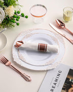 Goodluck 350 Piece Rose Gold Plastic Dinnerware Set for 50 Guests,Fancy Disposable Plates,Include: 100 Rose Gold Rim Plastic Plates,150 Silverwares,50 Pre Rolled Napkins,50 Cups for Party,Wedding