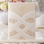 Hosmsua 50PCS Customized Ivory Wedding Invitations Kit 5.12x7.2 Inch Laser Cut Gold Foil Hollow Flora Lace Sleeve Pocket Wedding Quinceanera Invitation with Envelopes
