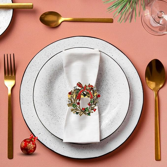 Halatool Set of 12 Christmas Napkin Rings Delicate Wreath Napkin Holder for Christmas Thanksgiving Holiday Party Table Decoration
