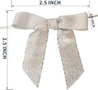 50pcs 2-1/2" Metallic Satin Silver Bows for Crafts Pretaied Christmas Bows with Twist Ties Hot Cut Tails for Christmas Decoration (Silver)