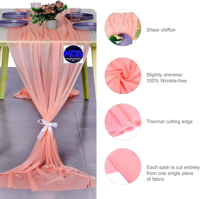 MDS 25 Pack 10ft Chiffon Table Runner 29 x 120 Inches Sheer Wedding Runner Romantic Rustic Table Runner for Wedding Decorations, Birthday Parties, Bridal Shower Party Arch Decor - Peach