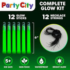 Party City Green Glow Sticks Bulk Pack 6”- 12pk Glow in the Dark Sticks for Kids, Waterproof Camping Survival Ultra Bright Emergency Light Stick with String, Neon Glowsticks Party Supplies Favors