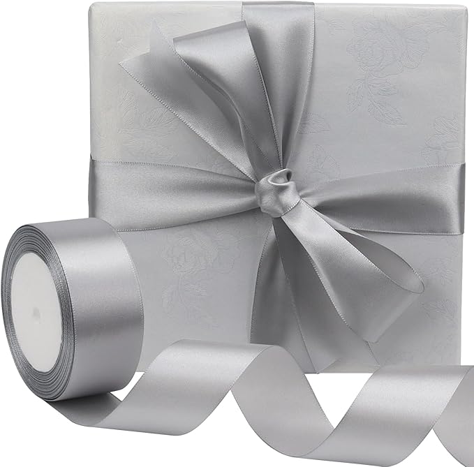 Gray Solid Satin Ribbon 1-1/2 Inch 25 Yards Solid Polyester Fabric Ribbon for Gift Wrapping Wedding Christmas Baby Shower Birthday Party Decoration Handmade Immortal Flower Craft