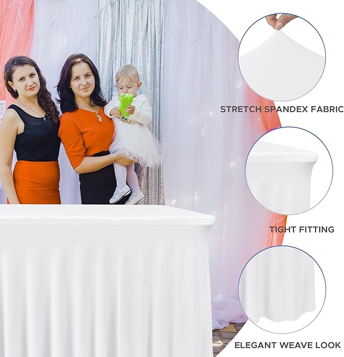Nasitos White Table Skirt for 8 Foot Rectangle Tables, 2 Pack - 96 x 30 Inch - Stretch Spandex Fitted Table Clothes, Fabric Table Covers Cocktail Tablecloths for Party, Banquet, Birthday
