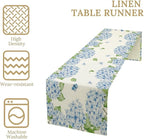 Watercolor Hydrangea Flower Table Runner, Spring Summer Seasonal Plants Butterfly Blue Dinner Runner for Home Kitchen Dining Table Party Holiday Decoration 13"x120"