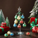 Glass Christmas Tree with 12 Ornament Glitter Balls Tabletop Wine Glass Charms Miniature Christmas Tree Gift for Xmas Holiday Party Novelty Season Home Decor, 7.7 Inch