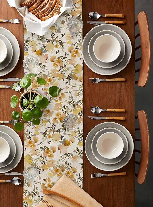Vintage Orange Flower Cotton Linen Table Runner for Dining Kitchen, Wedding Outdoor Party Tablerunners Decoration, Farmhouse Botanical Floral Retro Dresser Scarf Coffee Tablecloth Runners 13''x108''