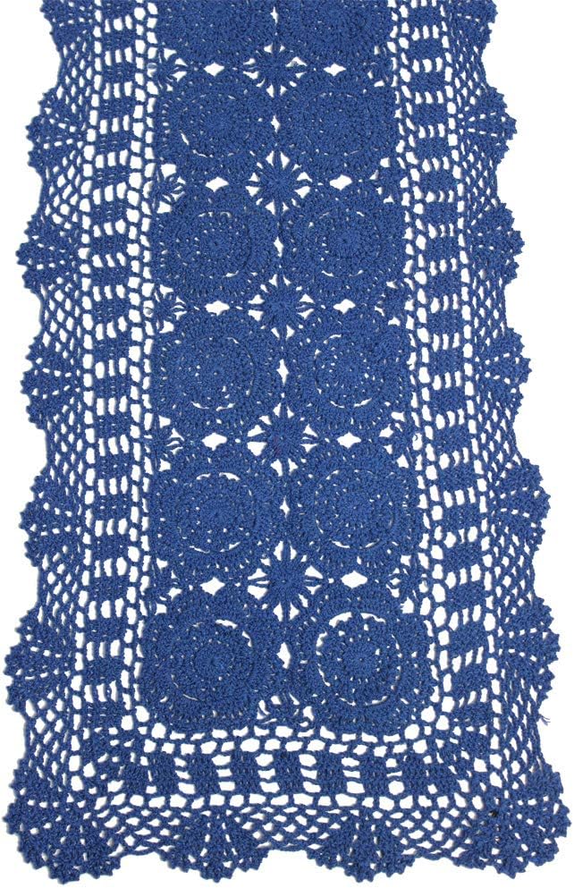 KEPSWET Cotton Handmade Crochet Lace Table Runner Blue Rectangle Coffee Table Dresser Decor (14x36 inch)
