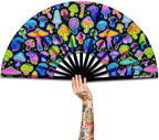UV Glow Rave Fan, Bamboo Folding Clack Hand Fans Foldable for Men Women, Boots on the Ground Poping Fan for EDM Festival Line Dance Decoration, (Magic Mushrooms, Large 13")