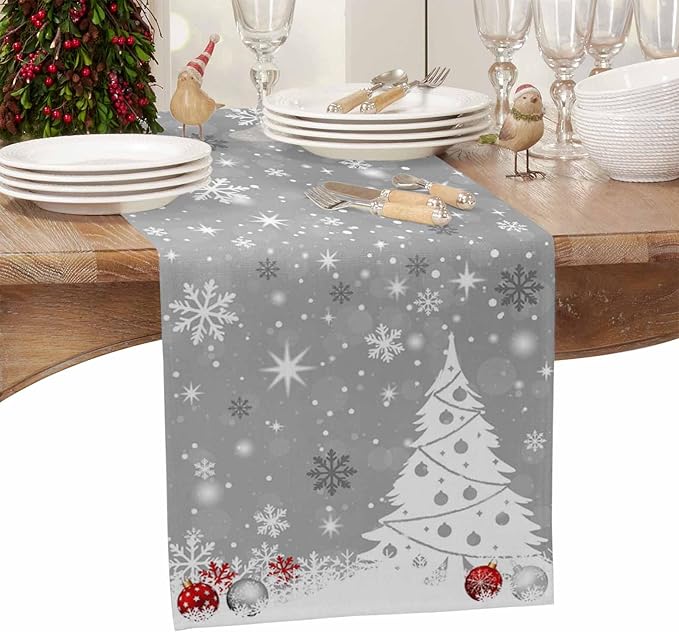 Christmas Snowflakes Cotton Linen Table Runner for Dining Kitchen, Xmas Tree Snow Winter Wedding Outdoor Party Tablerunners Decoration, Grey Balls Dresser Scarf Coffee Tablecloth Runners 13x90 Inches