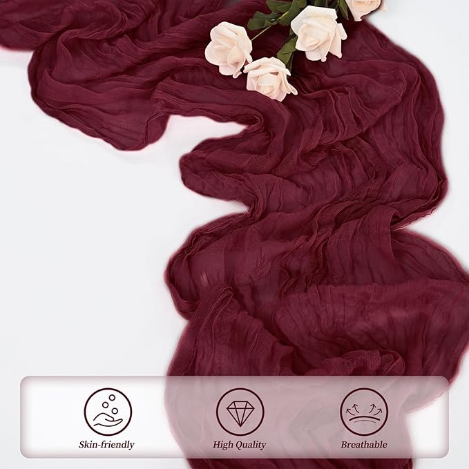 Burgundy 12 Pack Cheesecloth Table Runner 10FT Rustic Gauze Cheese Cloth Table Runner for Wedding Bridal Baby Shower Table Decor 20 x 120 Inch Long Boho Fabric Sheer Birthday Party Table Decorations
