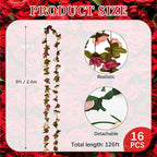 16Pcs 126Ft Dark Pink&Yellow Rose Garland, Fake Rose Hanging Flowers, Artificial Flower Vine, Hanging Floral Vine Garland for Wedding, Wall Arch, Halloween, Christmas Garden Backdrop Decor