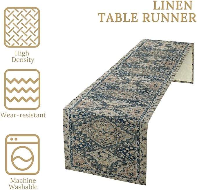 Vintage Boho Floral Table Runner, Rustic Country Farmhouse Blue Grey Retro Flower Pattern for Home Kitchen Table Decor Dining Coffee Room Party Decor 13x72in
