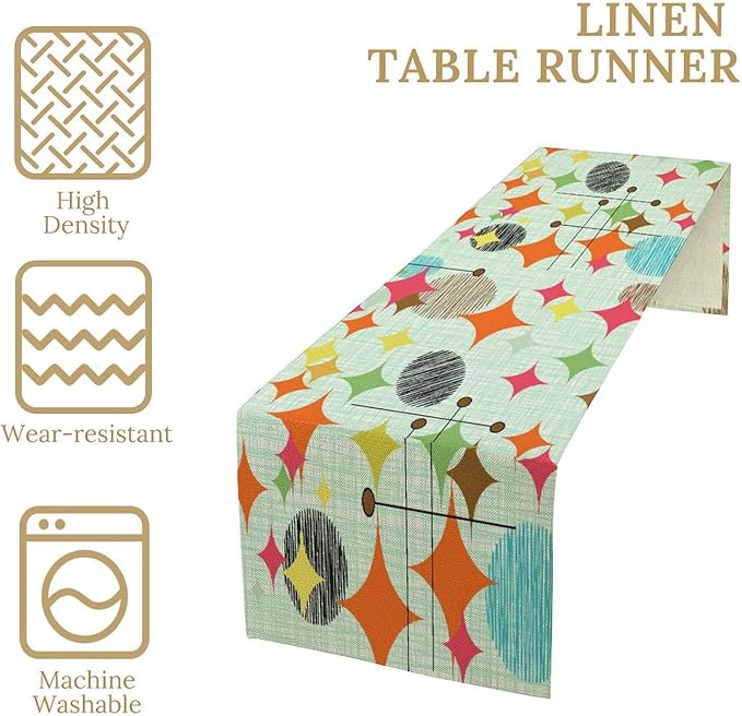 Mid Century Table Runner,Abstract Retro Modern Geometric Colorful Stripe Pattern Print Tablecloth Burlap for Hotel Indoors Outdoor Dining Room Kitchen Holiday Party, 13x80in
