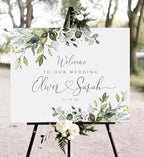 Wedding Welcome Sign, Elegant Eucalyptus Wedding Welcome Sign, 12" x 18" (Small), 27" (Medium), 36" (Large), Plastic, Modern, Pole Mount, Weather