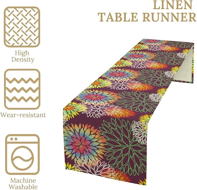 Brown Dahlia Flower Table Runner, Linen Geometric Pattern Floral Table Decor Spring Farmhouse Decorations for Kitchen Dining Holiday Party Decor, 13x108 Inch