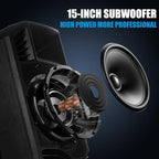 EXOTON S-1501 15 Inch Portable Rechargeable PA Speaker - 1600W, Bluetooth, TWS, USB/RCA, 2 UHF Mics, Remote, 7-Color Lights, DSP with 4 Scene Presets, 5-Band EQ