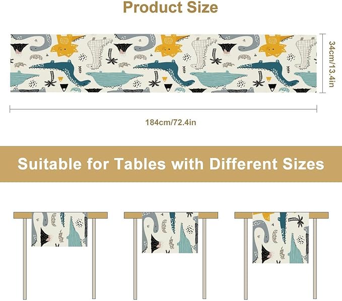 Cartoon Dinosaur Table Runner,Kids Boys Cute Various Dino Moutain Modern Abstract Print Tablecloth Burlap for Hotel Indoors Outdoor Dining Room Kitchen Holiday Party, 13x36in
