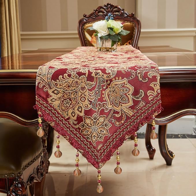 Luxury Vintage Design Table Runner 60 inches Long Embroidery Jacquard Fabric with Multi-Tassels Table Runners for Dining Room Dresser Christmas Thanksgivi Party Fireplace Decorations (Red, 12X60inch)