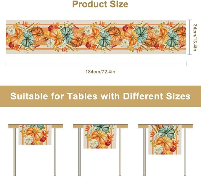 Autumn Table Runner,Orange Pumpkin Flowers Leaves Fall Table Runners Seasonal Kitchen Dining Table Decor for Thanksgiving Harvest Home Holiday Party 13x36 Inch