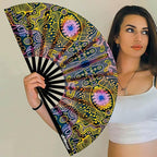 UV Glow Rave Fan, Bamboo Folding Clack Hand Fans Foldable for Men Women, Boots on the Ground Poping Fan for EDM Festival Line Dance Decoration, (Space Psychedelic, Medium 11")