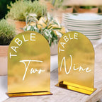 Gold Mirror Arch Wedding Table Numbers 1-10 with Stands, 5x7 Inch Acrylic Arch Sign with Holder for Wedding Reception Table Centerpiece Decoration(Gold Mirror)