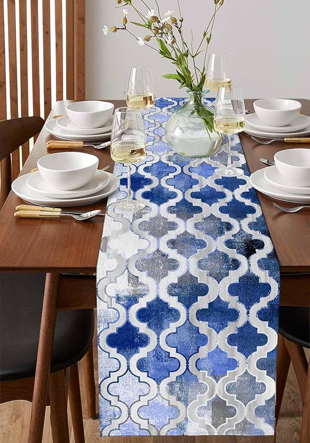 Blue Morocco Plaid Cotton Linen Table Runner for Dining Kitchen, Wedding Outdoor Party Tablerunners Decoration, Distressed Abstract Painted Vintage Dresser Scarf Coffee Tablecloth Runners 13x48 Inches