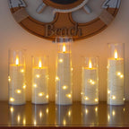 Ivory Flameless Candles with Remote and String Light, 2.2"x 5",5",6",7",7",8" LED Battery Operated Plastic Flickering Timer Pillar Candles(Pack of 6,Turn On/Off String Light Mode)