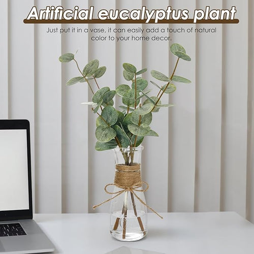 2 Pack Artificial Eucalyptus Stems in Glass Vase Decorative Greenery Artificial Plant with Double Sided Green Eucalyptus Leaves for Home Office Decor (Green-2Pcs)