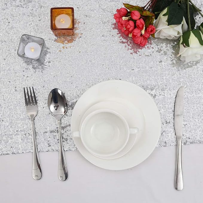 Eternal Beauty Silver Table Runner for Wedding, 5PCS-12x72 Sequin Table Runner Decorations for Birthday Parties, Banquets, Graduations,Christmas