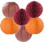 Fall Boho Baby-Shower Party-Decorations Streamers-Lanterns - 14pc Autumn Harvest Brown Orange Burgundy Paper Fan,Rustic Birthday Wedding Bridal Tissue Pom Poms,Honeycomb Balls,Engagement Decor Ouruola