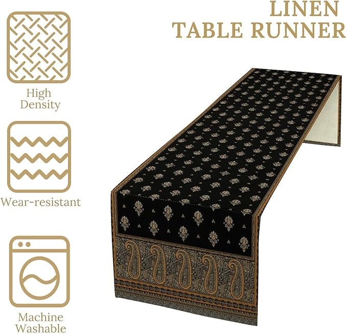 Vintage Paisley Table Runner, Boho Brown Black Flowers Leaves Print Table Runner for Home Dining Kitchen Table Party Wedding Decor, 13x90inch