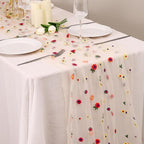 3PCS Champagne Floral Table Runner 10 FT, Embroidery Daisy Table Runners Seasonal Sheer Tulle Table Runner for Thanksgiving Wedding Birthday Baby Shower Party ﻿