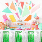 3 Pack Silver Green Foil Fringe Table Skirts Metallic Tinsel Streamers Garland Banner Backdrop for Table Decor, Parade Float, Birthday, Wedding, Halloween, Christmas Party Decorations(29x108 In)