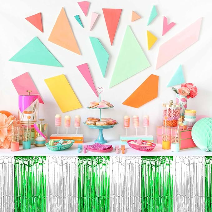 3 Pack Silver Green Foil Fringe Table Skirts Metallic Tinsel Streamers Garland Banner Backdrop for Table Decor, Parade Float, Birthday, Wedding, Halloween, Christmas Party Decorations(29x108 In)