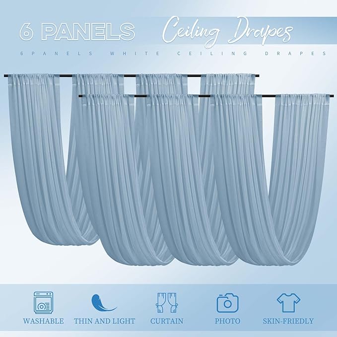 6 Panels Dusty Blue Ceiling Drapes for Wedding 5ftx15ft Ceiling Drapes Wedding Arch Draping Fabric Cheesecloth Sheer Curtain Romantic Ceiling Decorations for Weddings Party Banquet Ceremony Stage