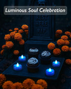 Raycare Blue LED Tea Lights Battery Operated, 200+Hour Flickering Votive Candles,Realistic Fake Flameless Tea Lights for Wedding Party Halloween Thanksgiving Christmas Decorations, 24 Pack